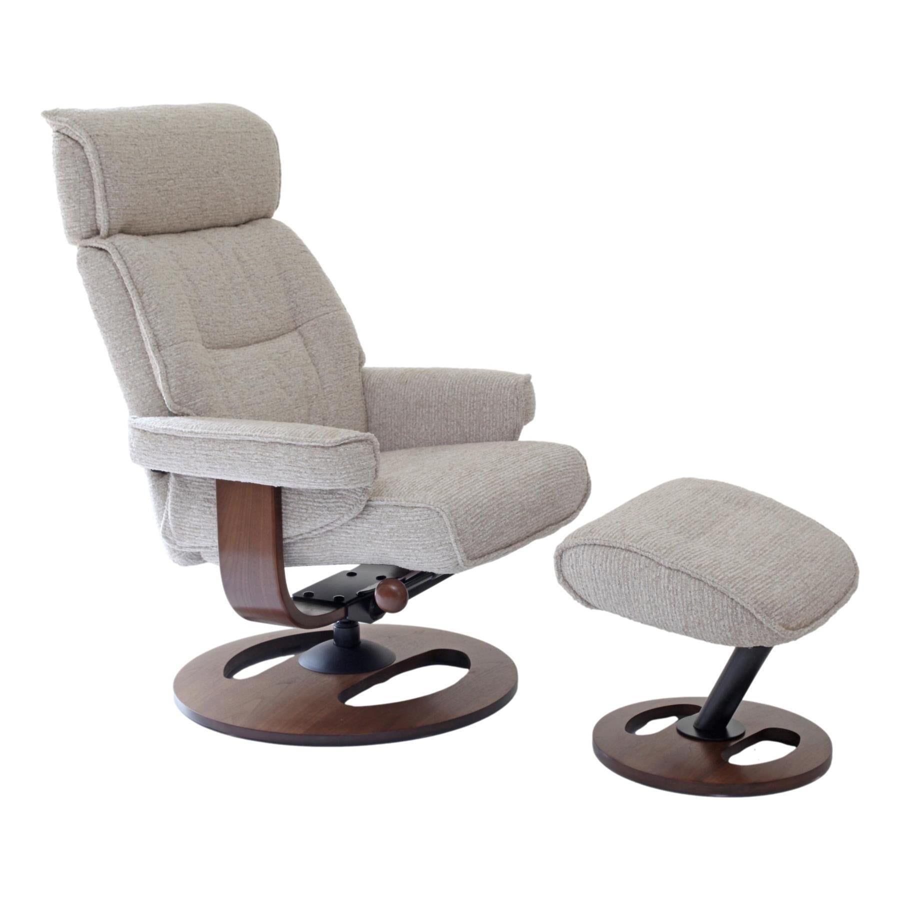 The Newton Swivel Recliner Chair & Matching Footstool – Beige Fabric - Refurbished