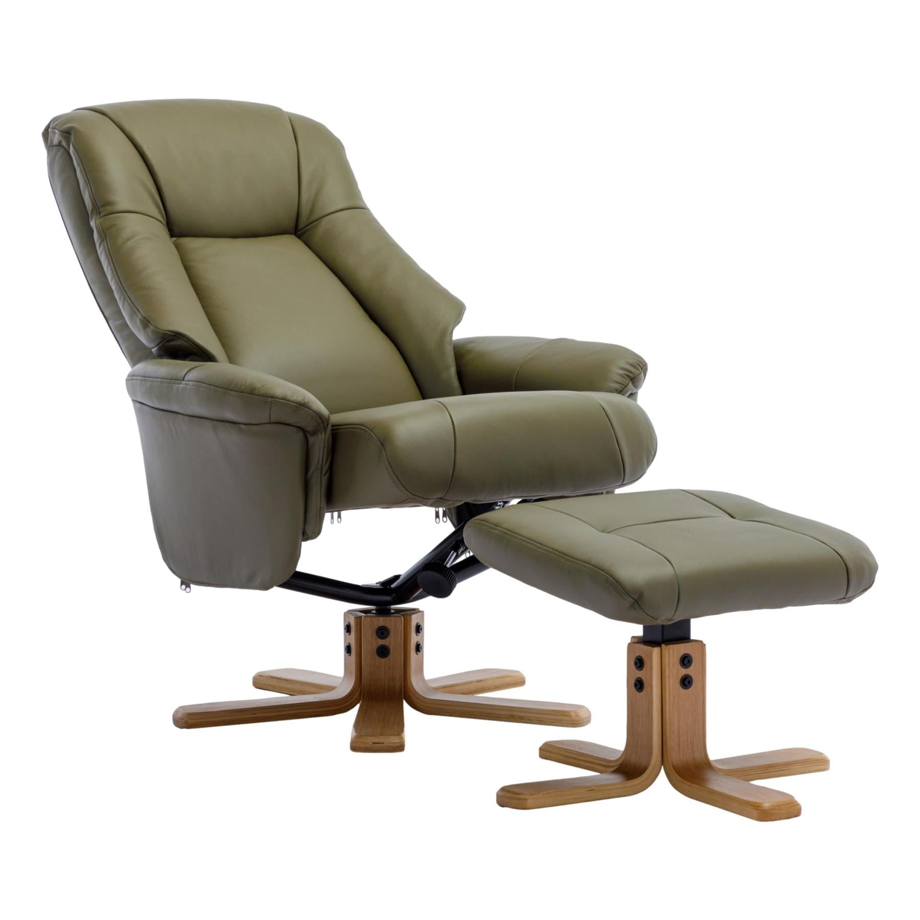 Hawaii Swivel Recliner Chair & Matching Footstool in Olive Green Genuine Leather - Refurbished
