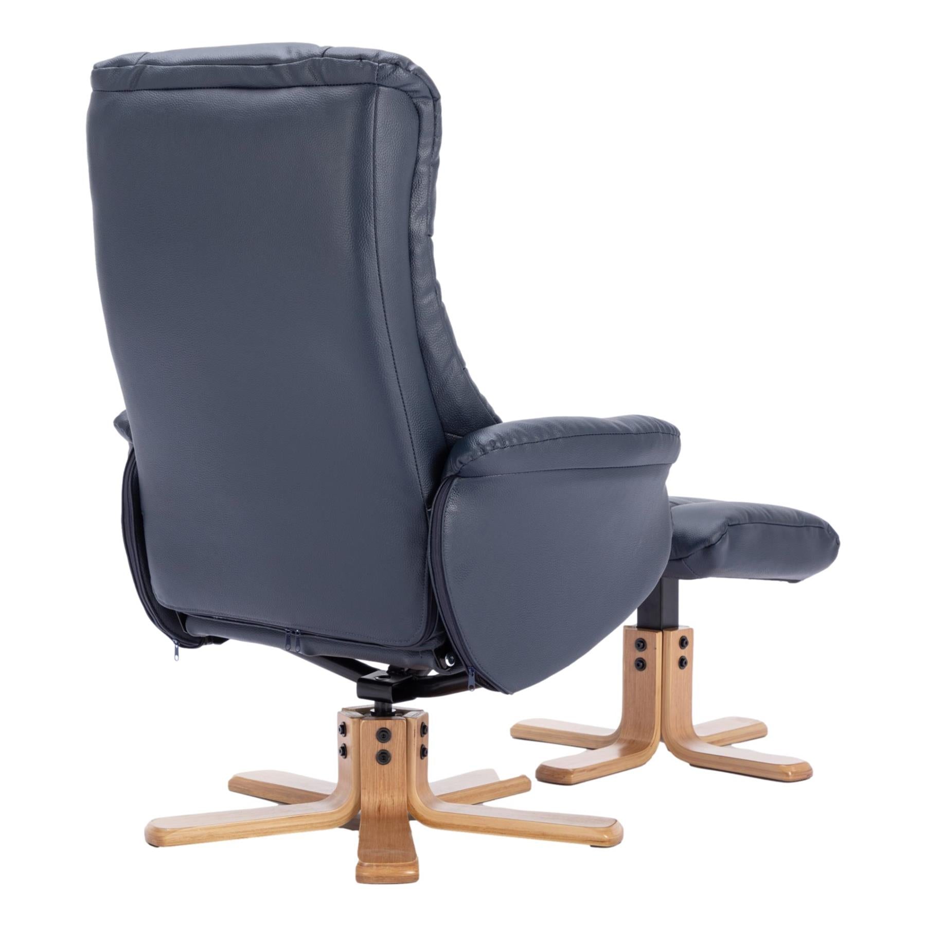 The Cairo - Swivel Recliner Chair & Matching Footstool in Navy Blue Faux Leather - Refurbished