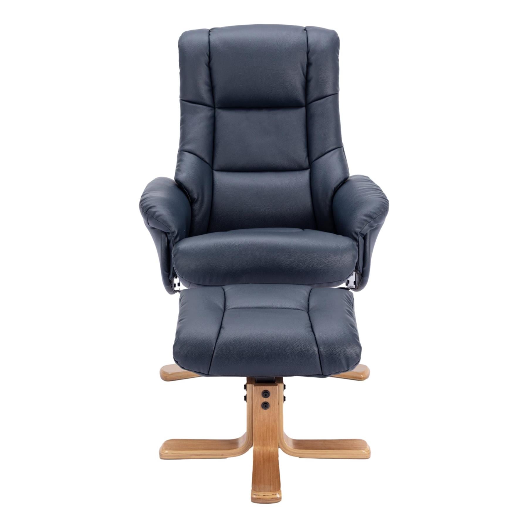 The Cairo - Swivel Recliner Chair & Matching Footstool in Navy Blue Faux Leather - Refurbished