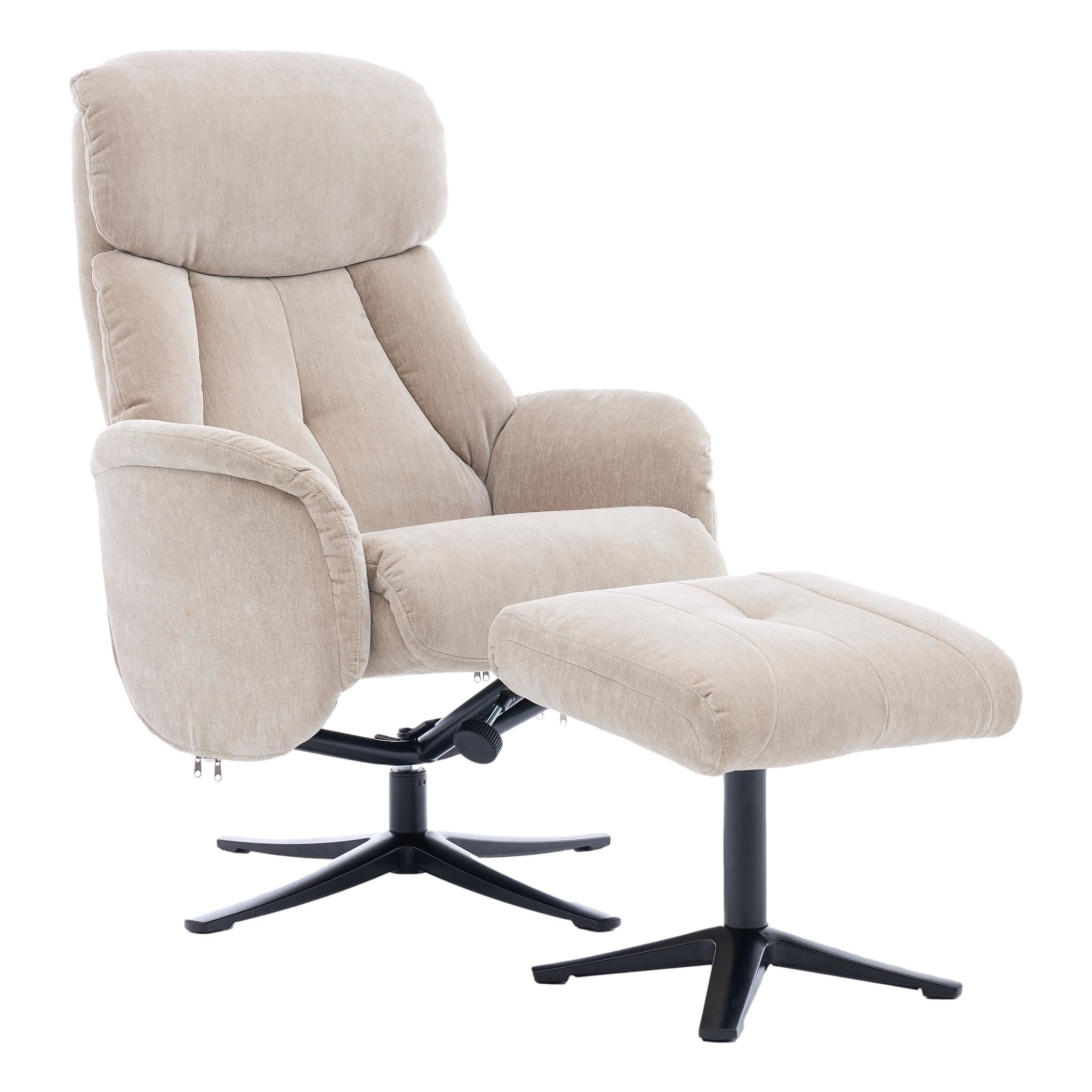The Lucia Swivel Recliner Chair & Footstool in Mushroom Fabric