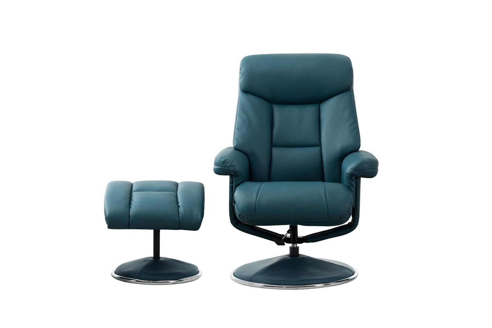 Biarritz Plush Faux Leather Swivel Recliner Chair & Matching Footstool In Lagoon - Refurbished