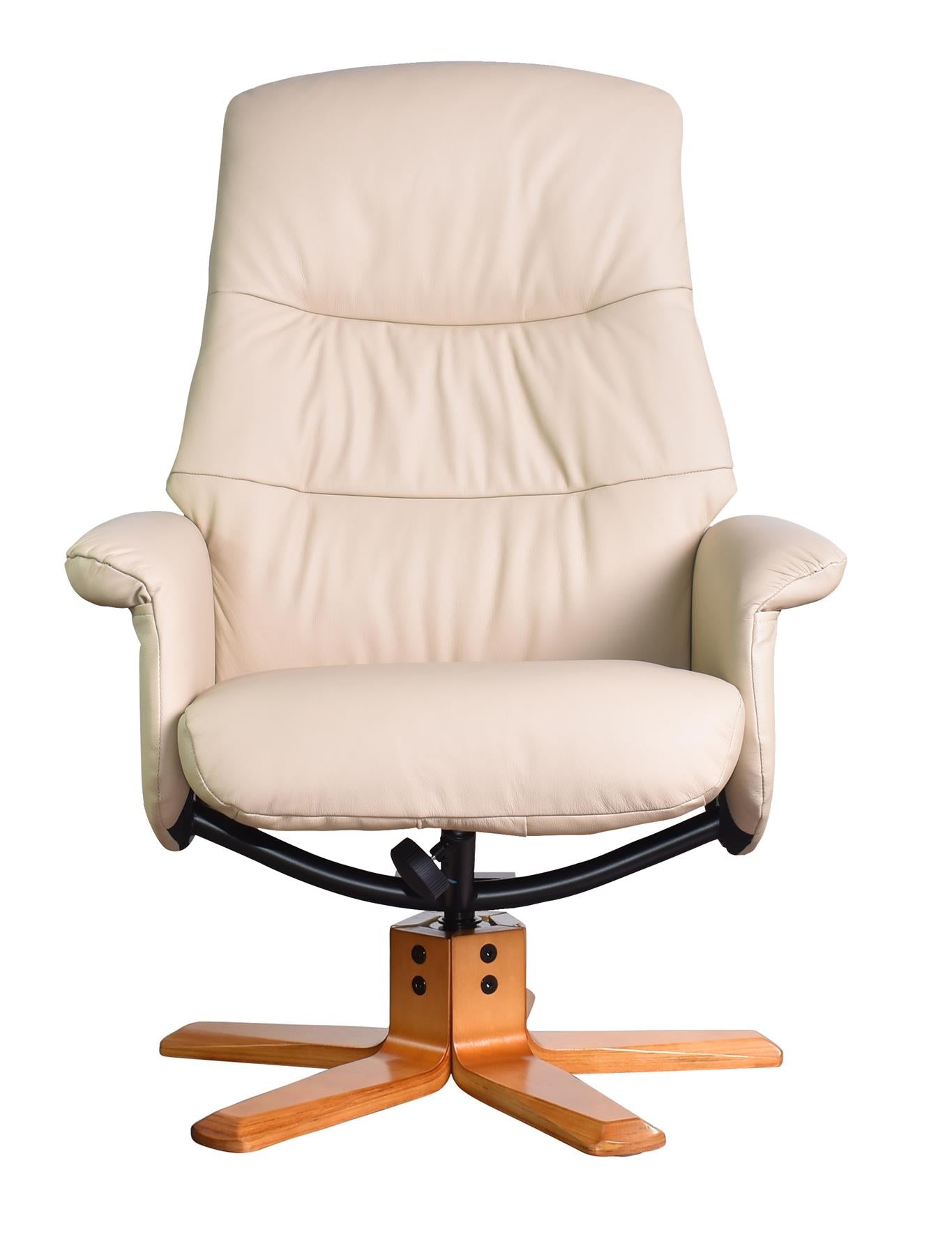 The Kansas Genuine Leather Swivel Recliner Chair in Cream with Cherry Base - Refurbished