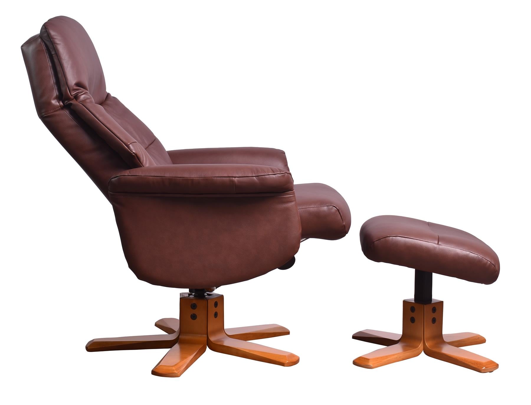 The Kansas Genuine Leather Swivel Recliner Chair in Chestnut with Cherry Wood base - Refurbished