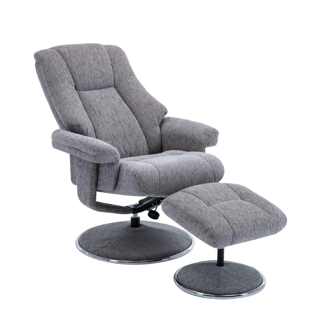 The Denver Swivel Recliner Chair & Footstool - Fabric - Pewter Refurbished