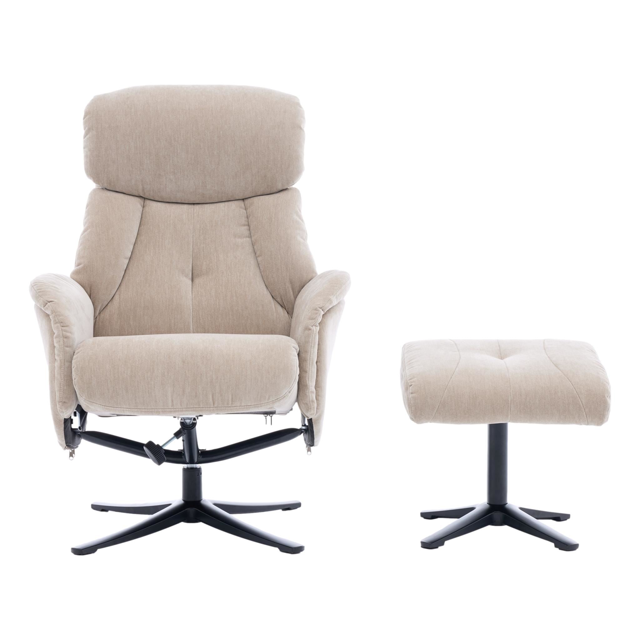 The Lucia Swivel Recliner Chair & Footstool in Mushroom Fabric