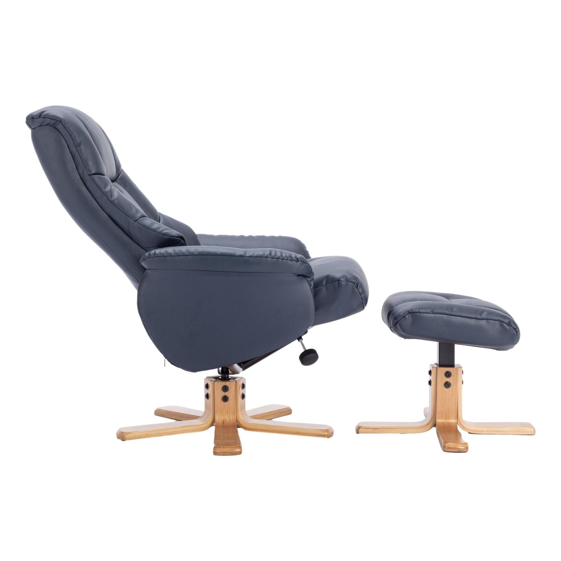 The Cairo - Swivel Recliner Chair & Matching Footstool in Navy Blue Faux Leather - Refurbished