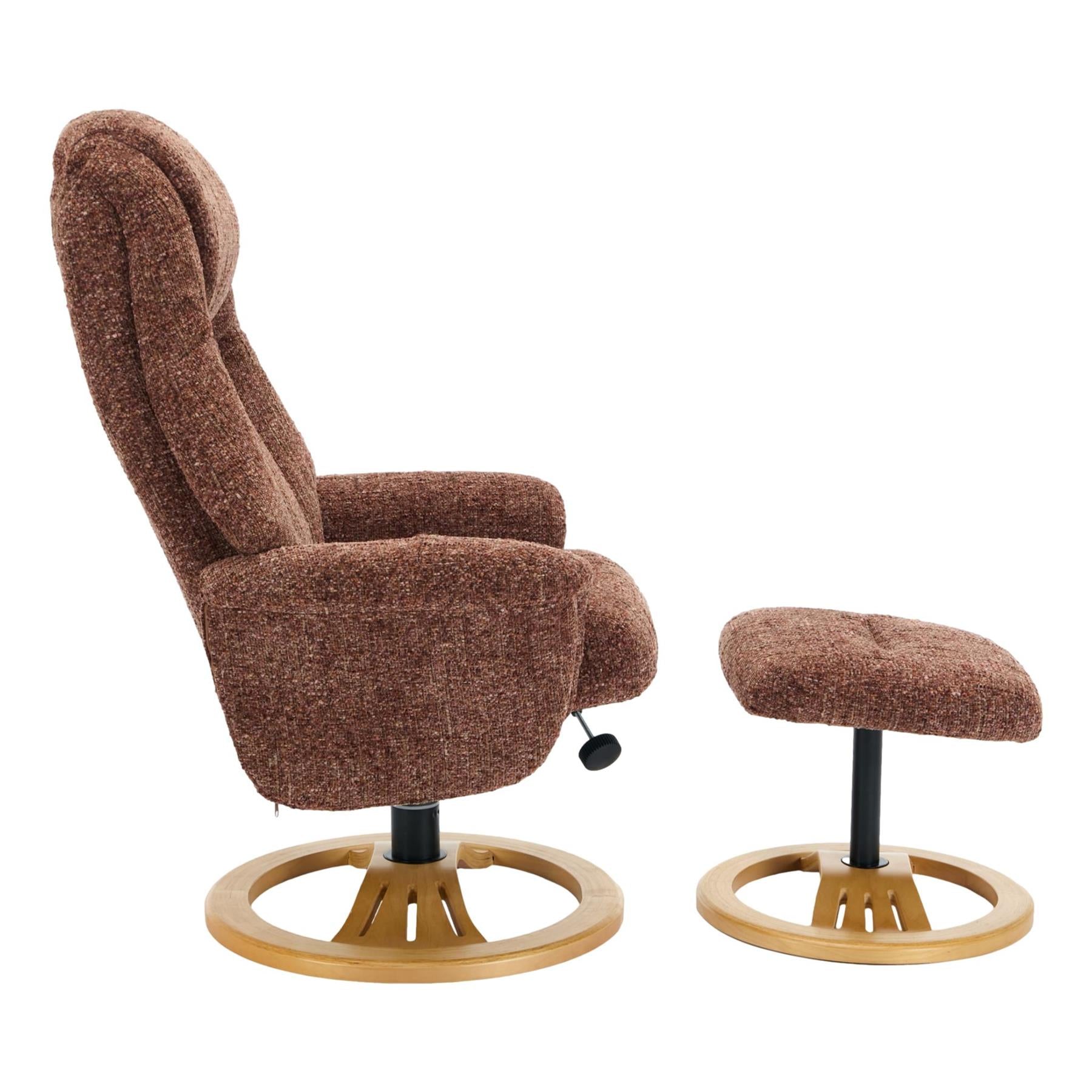 Aruba Swivel Recliner Chair in Copperblush Brown Fabric with Matching Footstool