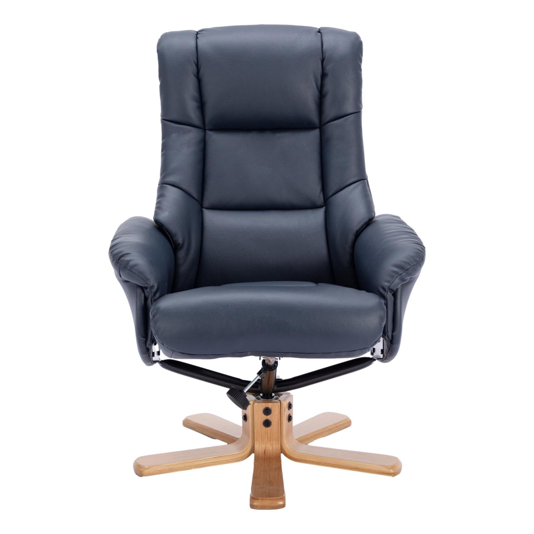 The Cairo - Swivel Recliner Chair & Matching Footstool in Navy Blue Faux Leather - Refurbished