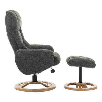 The Mandalay Swivel Recliner Chair & Footstool in ChaCha Fern Green Fabric
