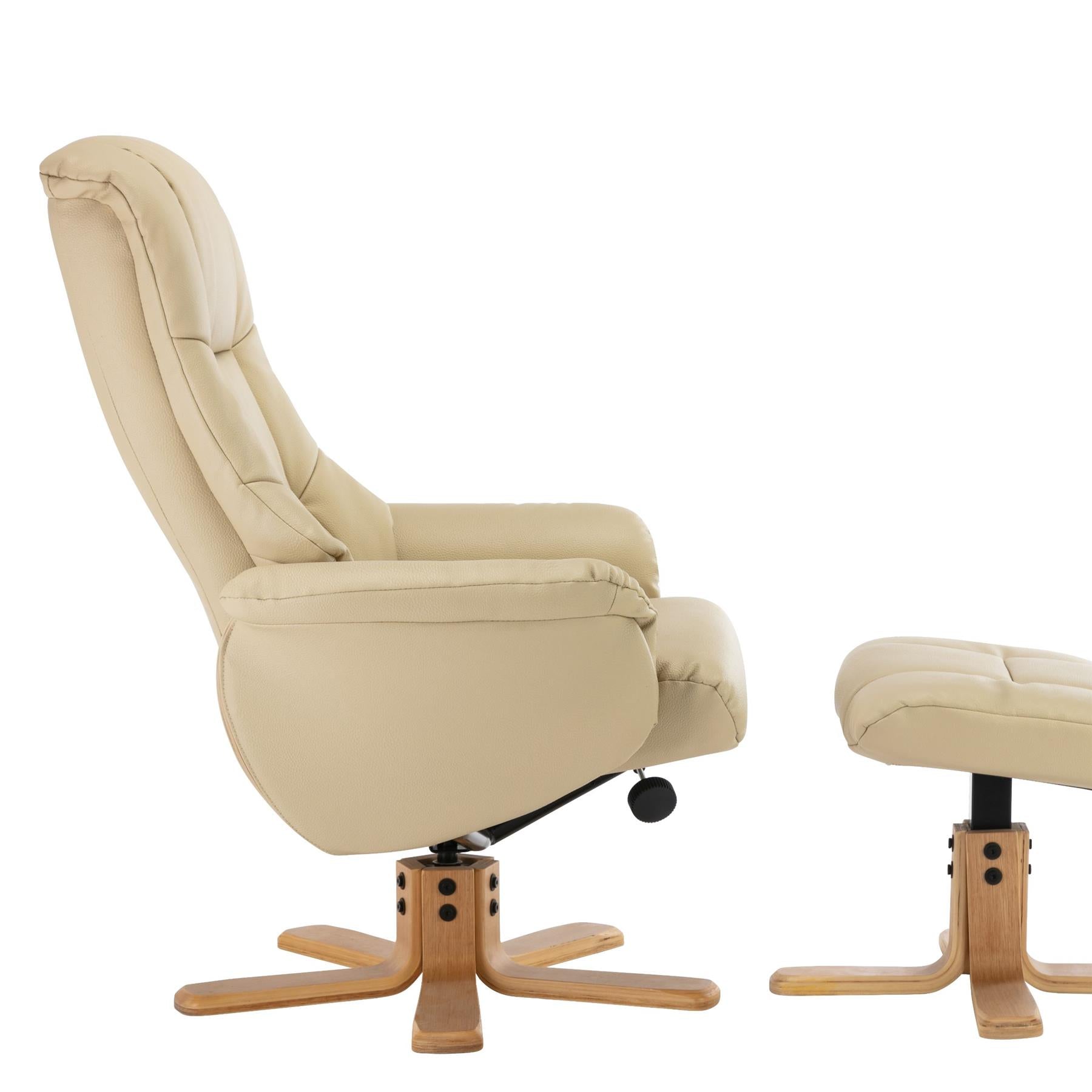 Cairo Swivel Recliner Chair & Footstool in Cream Plush Faux Leather - Clearance