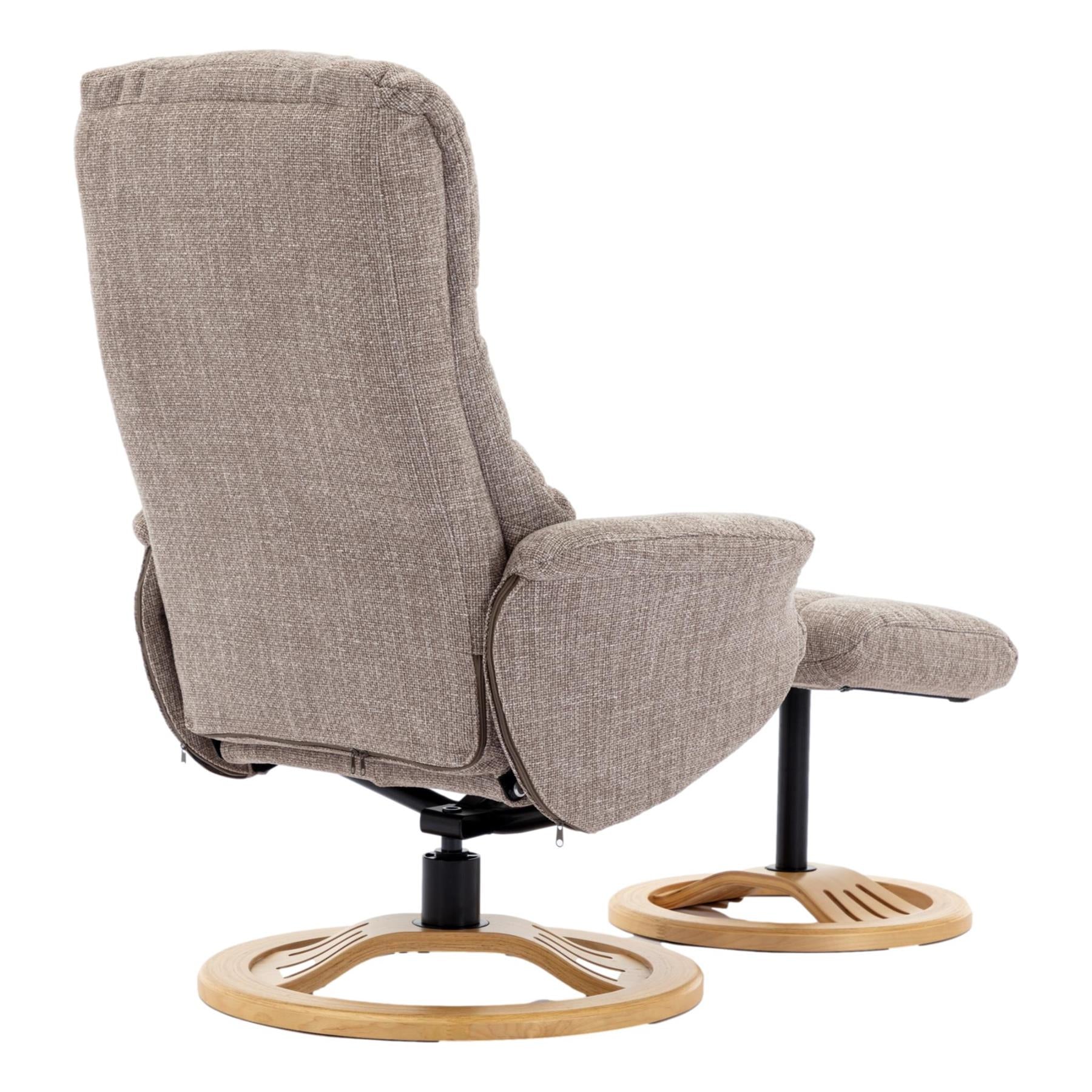The Mandalay Swivel Recliner Chair & Footstool in ChaCha Oat Fabric - Refurbished