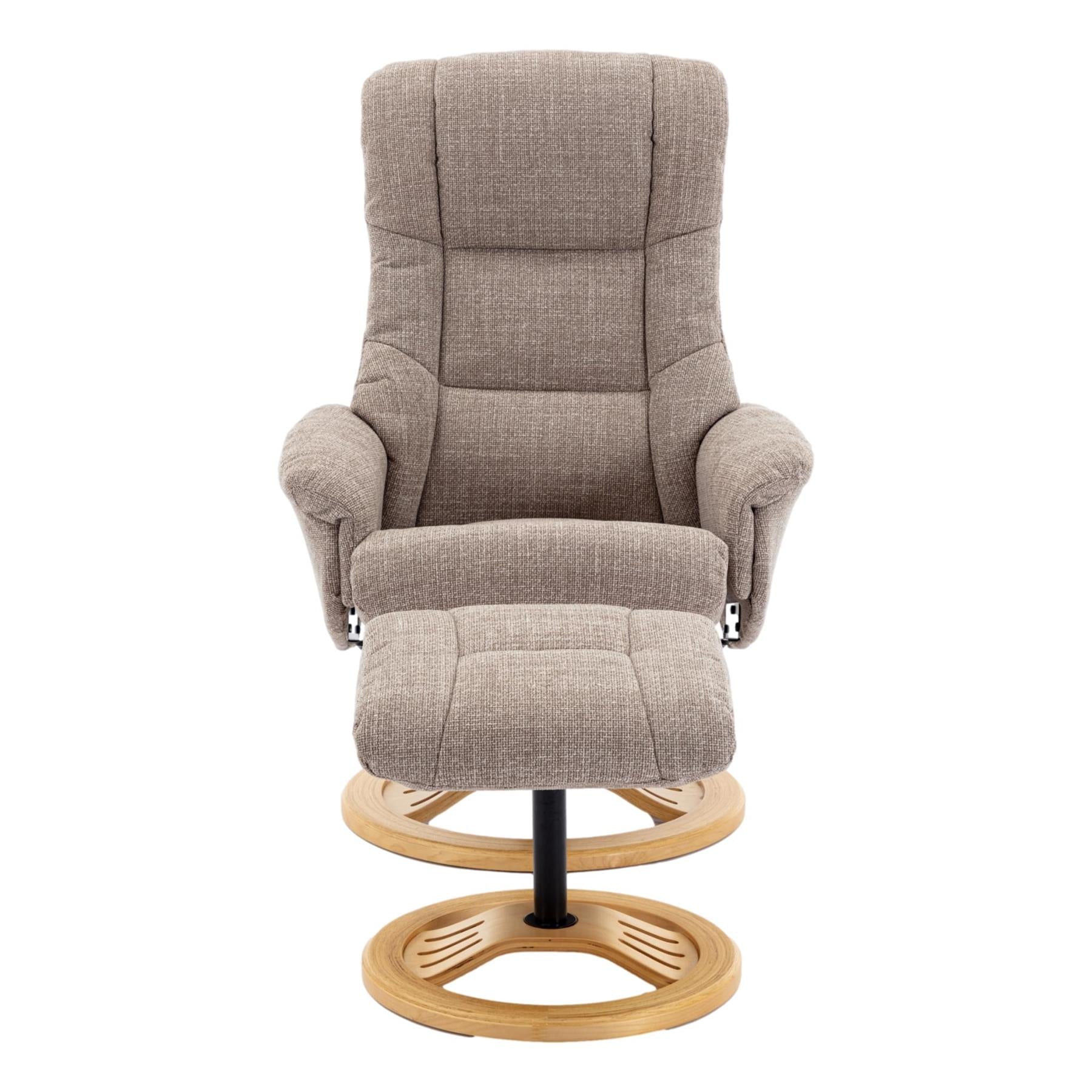The Mandalay Swivel Recliner Chair & Footstool in ChaCha Oat Fabric - Refurbished