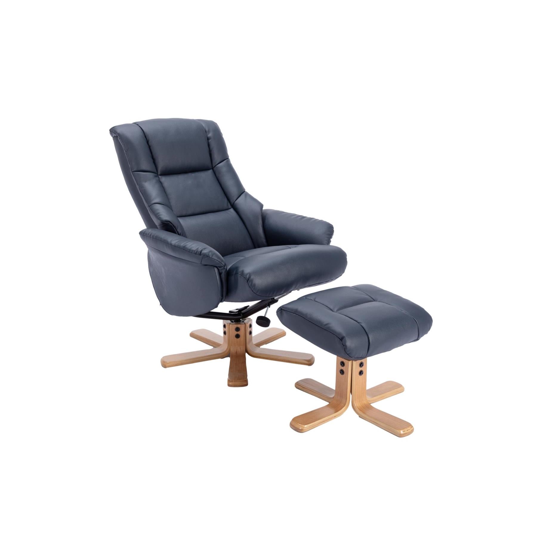The Cairo - Swivel Recliner Chair & Matching Footstool in Navy Blue Faux Leather - Refurbished