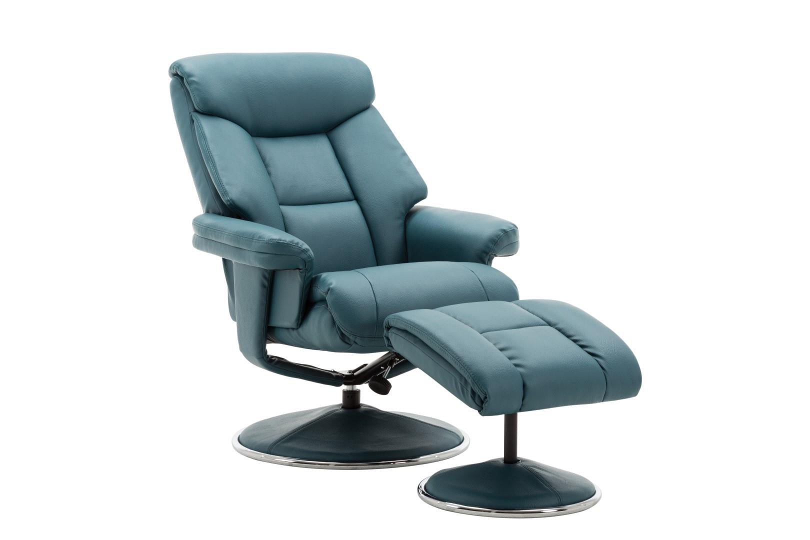 Biarritz Plush Faux Leather Swivel Recliner Chair & Matching Footstool In Lagoon - Refurbished