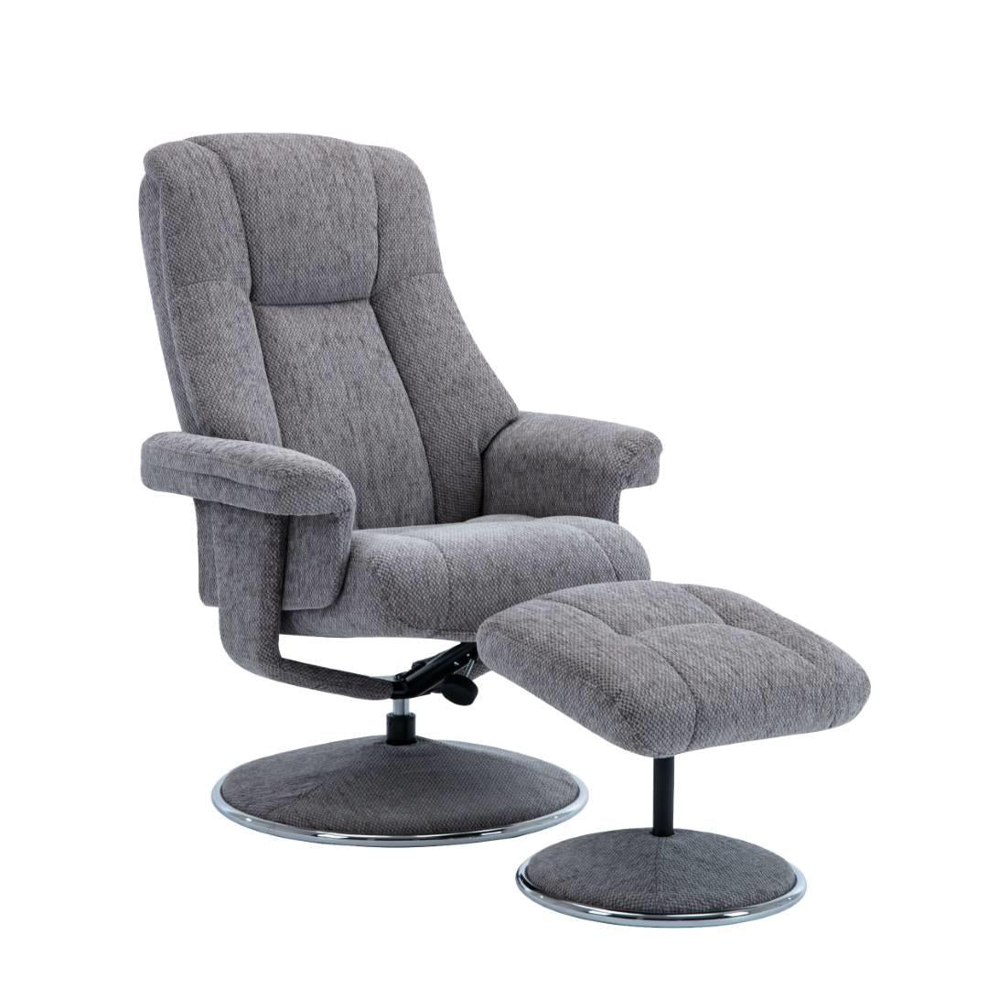 The Denver Swivel Recliner Chair & Footstool - Fabric - Pewter Refurbished