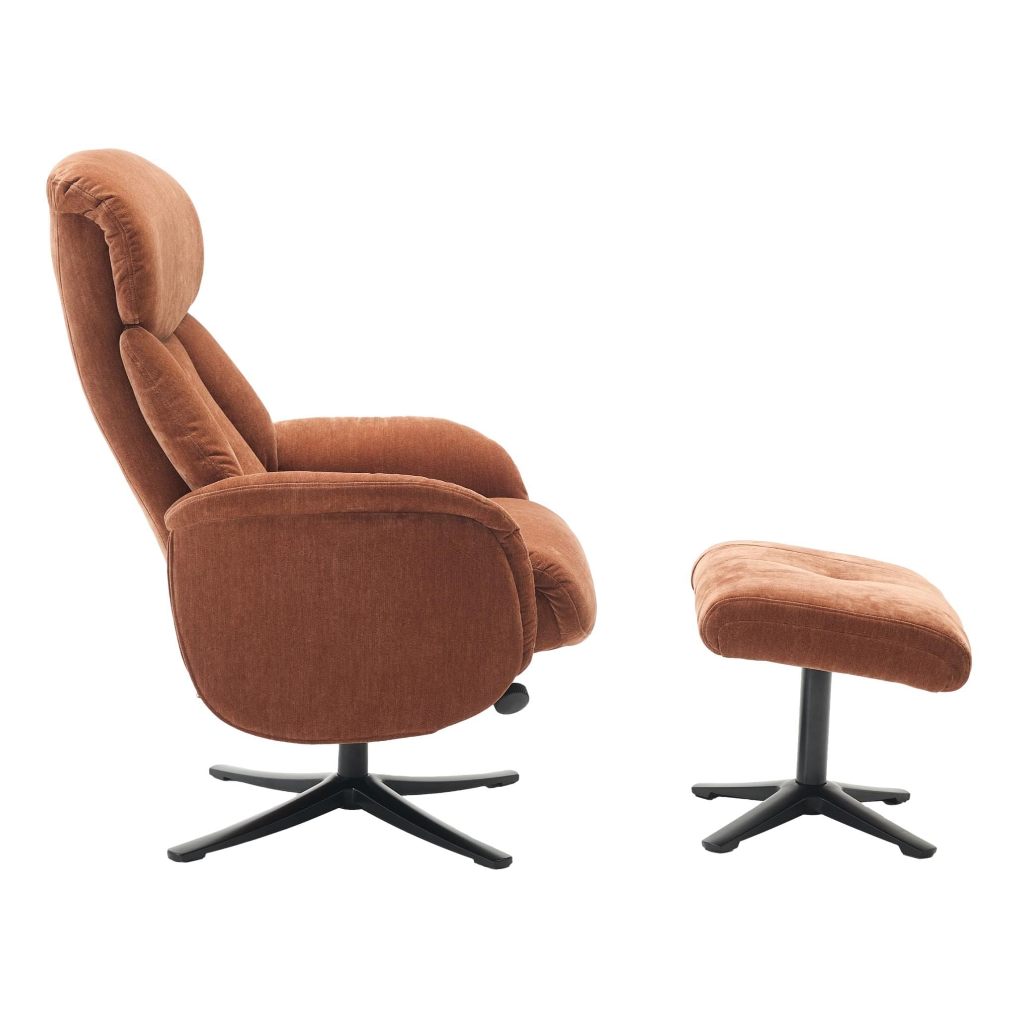 The Lucia Swivel Recliner Chair & Footstool in Caramel Brown Fabric