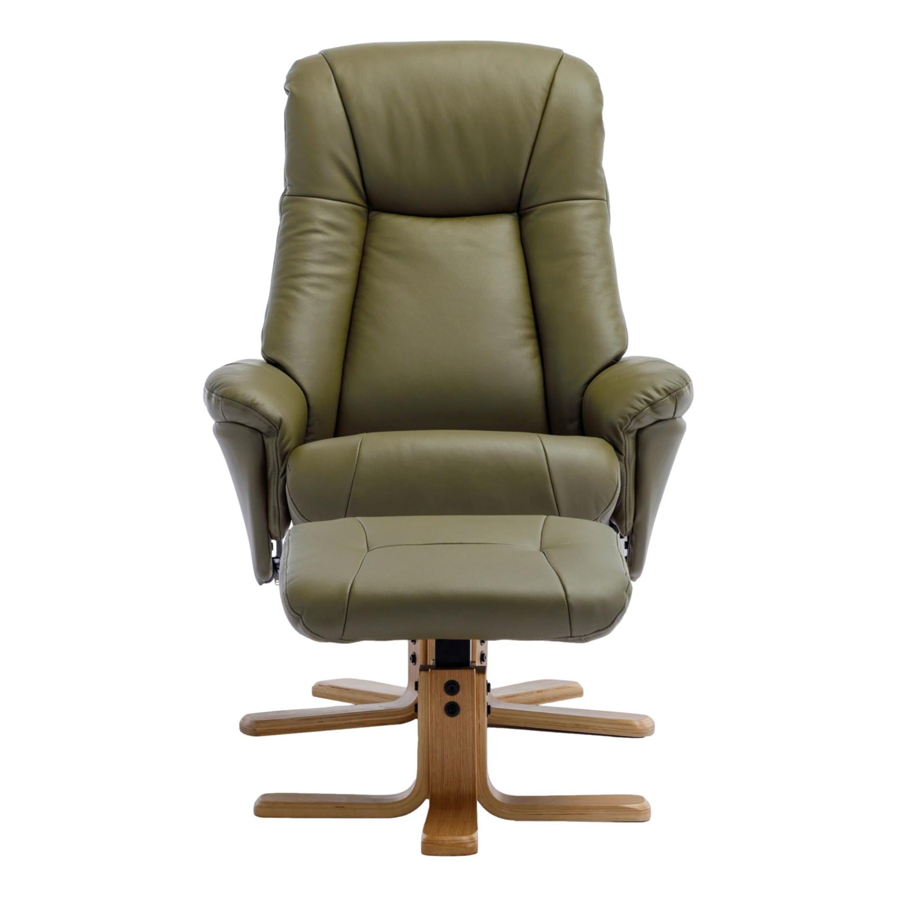 Hawaii Swivel Recliner Chair & Matching Footstool in Olive Green Genuine Leather - Refurbished