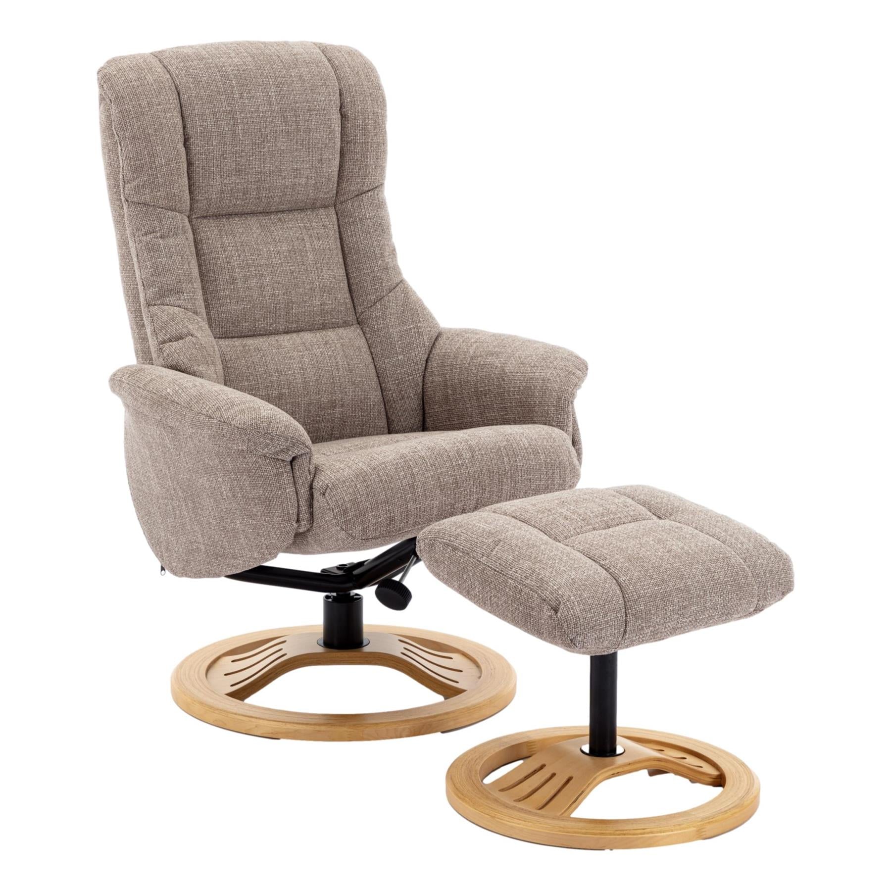 The Mandalay Swivel Recliner Chair & Footstool in ChaCha Oat Fabric - Refurbished