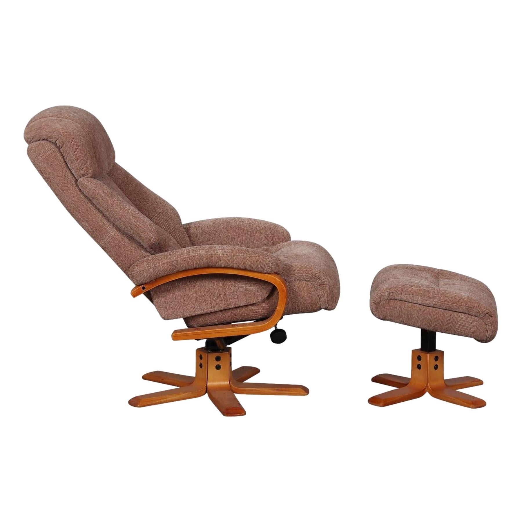 Elegant Fabric Swivel Recliner Chair and Footstool in Fawn/Cherry - Refurbished