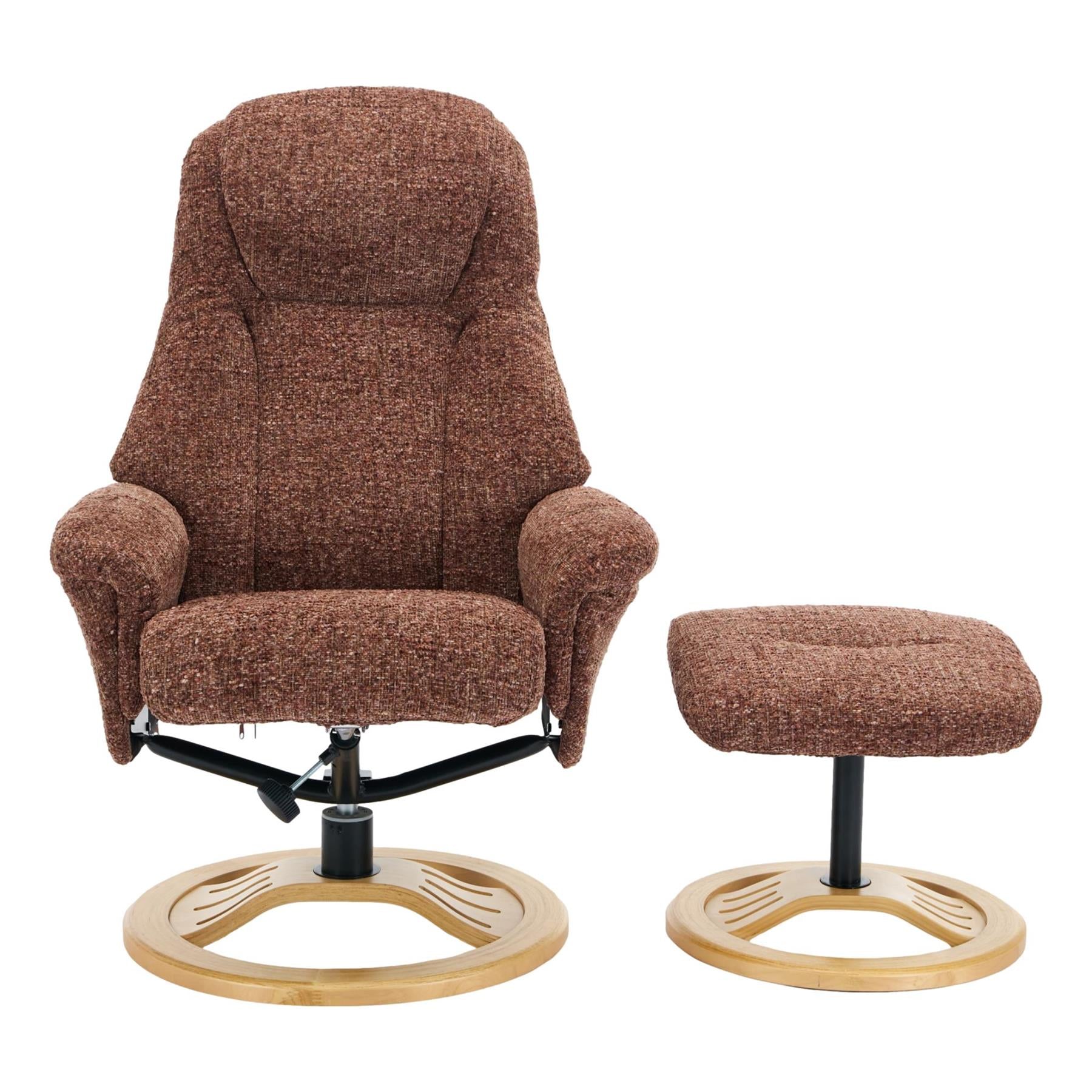 Aruba Swivel Recliner Chair in Copperblush Brown Fabric with Matching Footstool