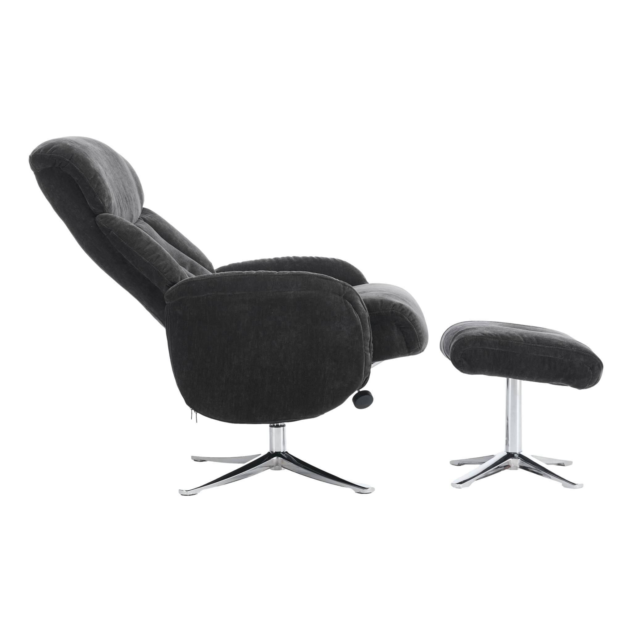 The Lucia Swivel Recliner Chair & Footstool in Black Fabric