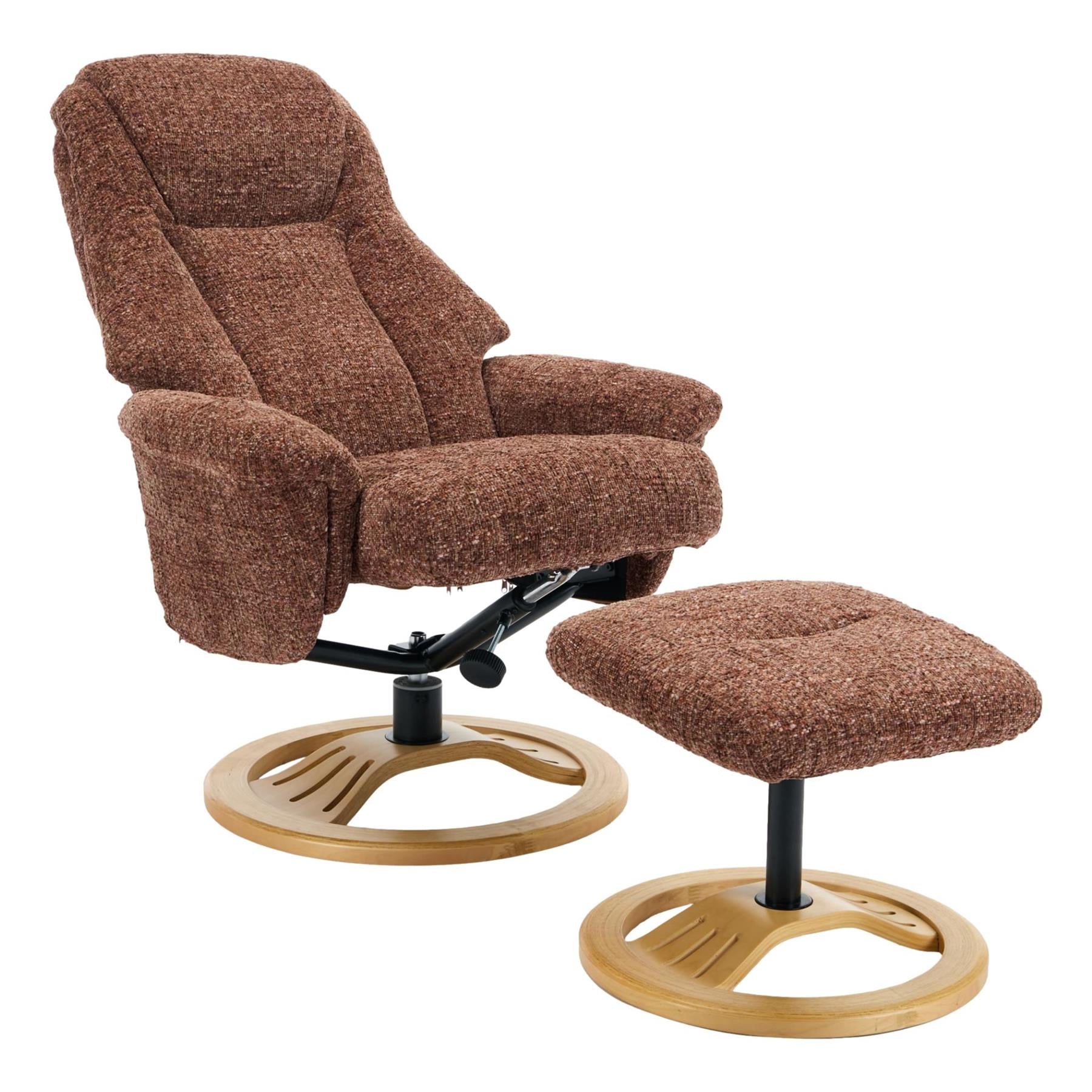 Aruba Swivel Recliner Chair in Copperblush Brown Fabric with Matching Footstool