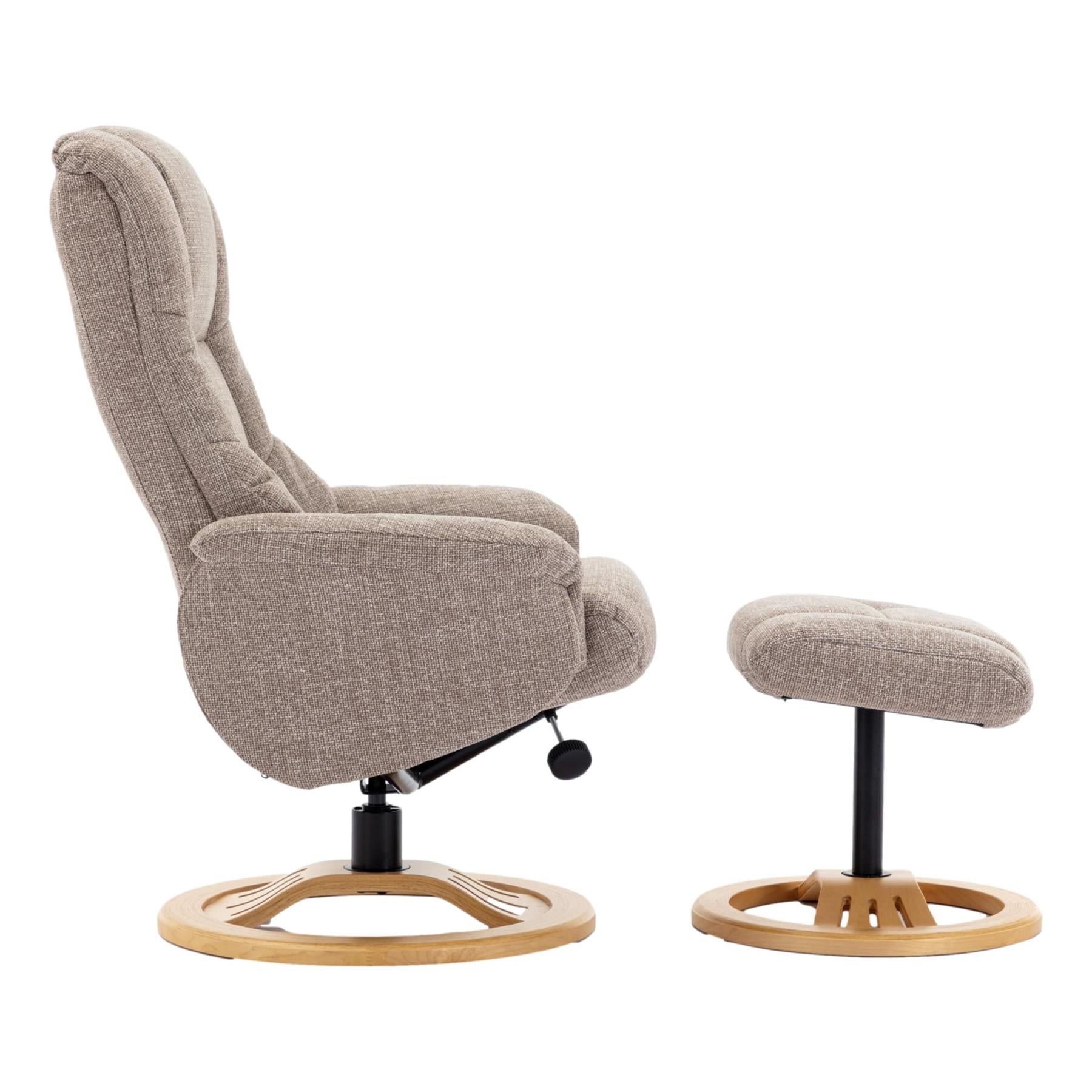The Mandalay Swivel Recliner Chair & Footstool in ChaCha Oat Fabric - Refurbished