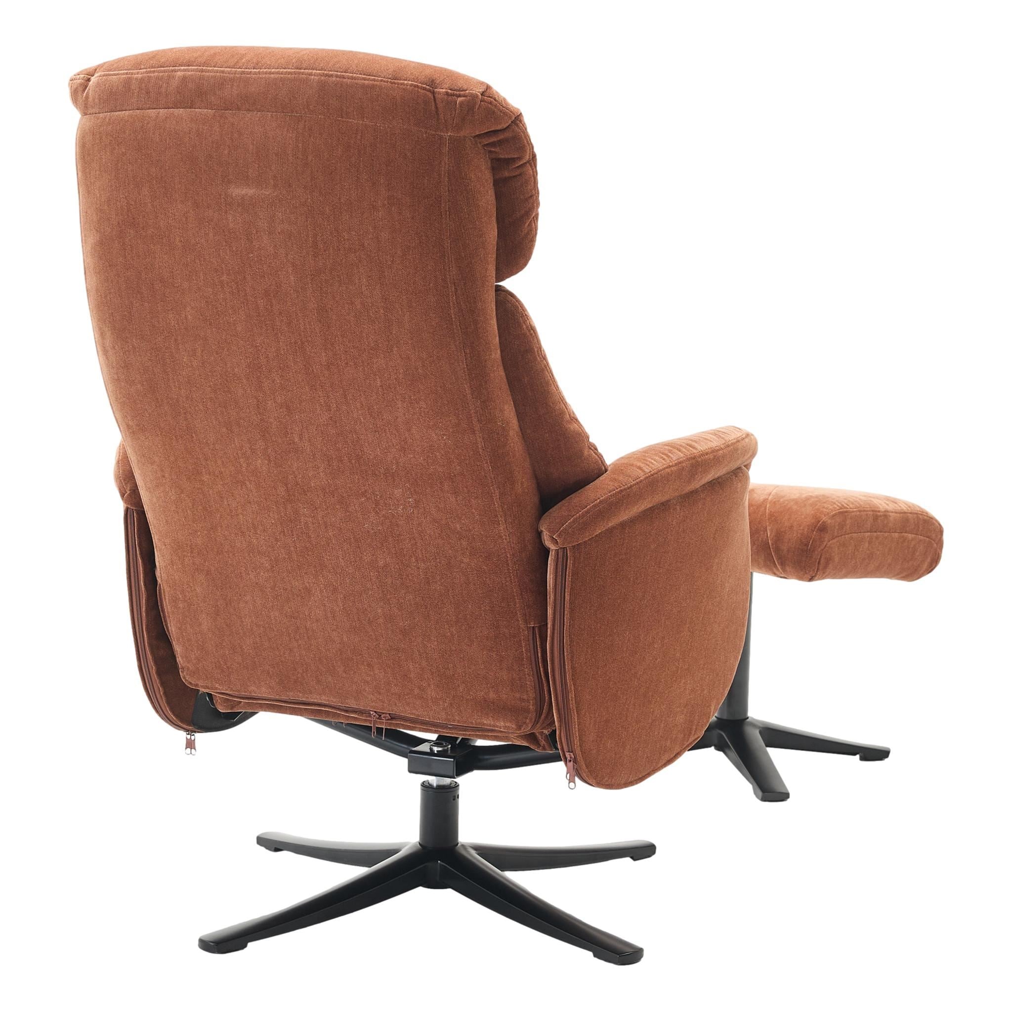 The Lucia Swivel Recliner Chair & Footstool in Caramel Brown Fabric