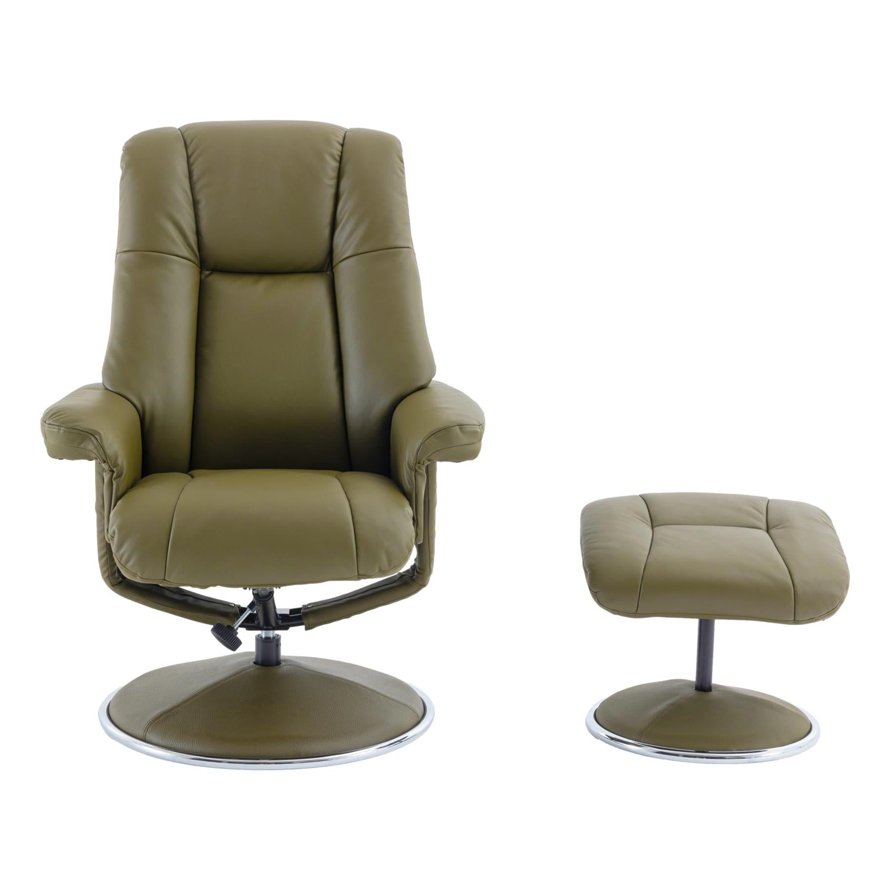The Denver - Swivel Recliner Chair & Footstool in Olive Green Genuine Leather - Refurbished