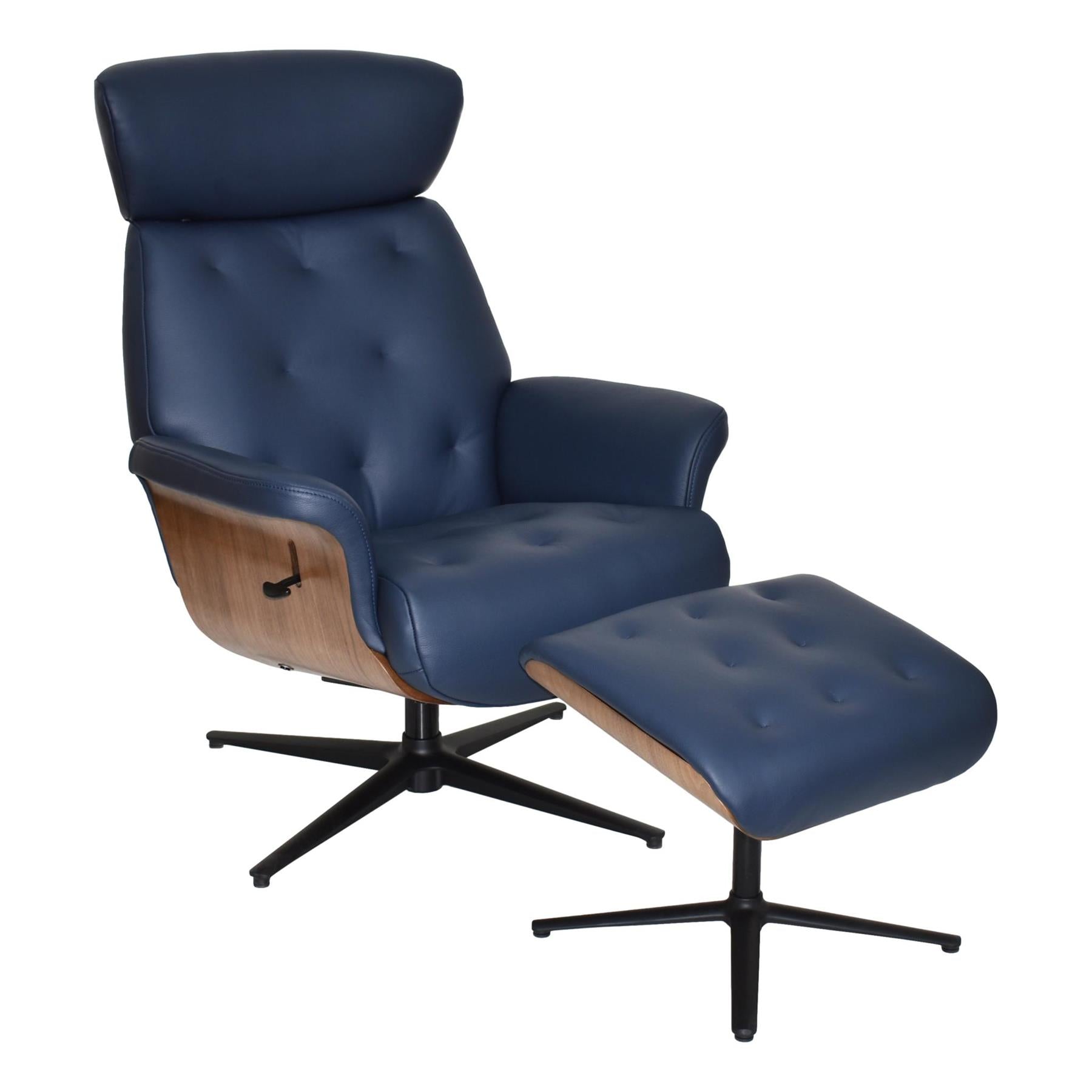 The Nordic - Luxury Premium Swivel Recliner - Walnut & Navy Genuine Leather Chair with Matching Footstool - Refurbished