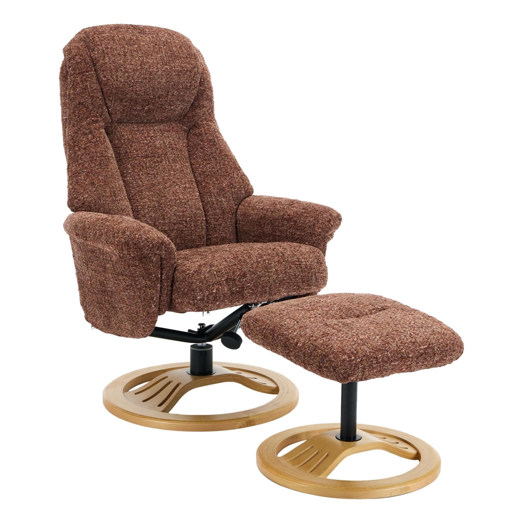 Aruba Swivel Recliner Chair in Copperblush Brown Fabric with Matching Footstool