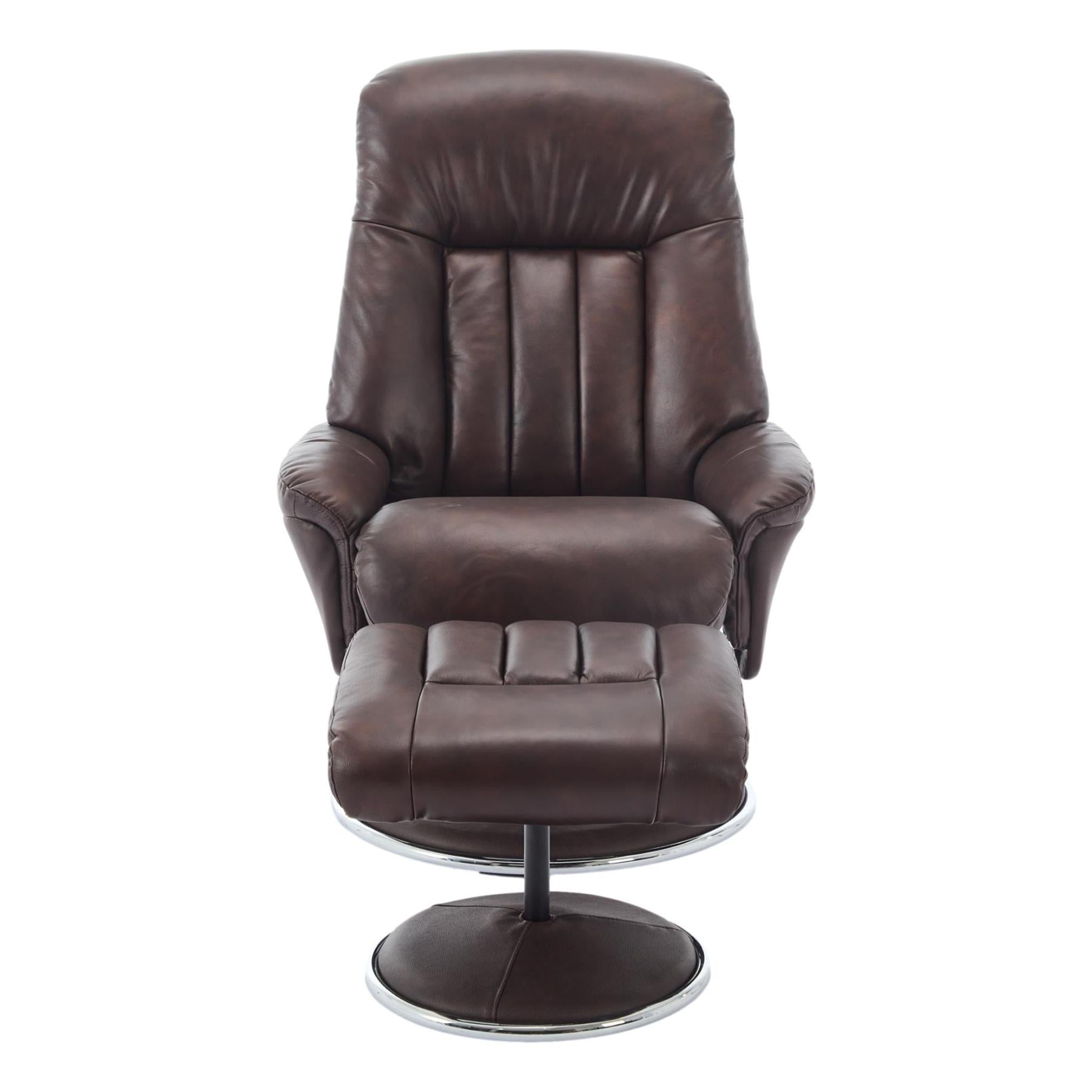 The Lyon - Genuine Leather Swivel Recliner Chair & Footstool in Brown - Refurbished
