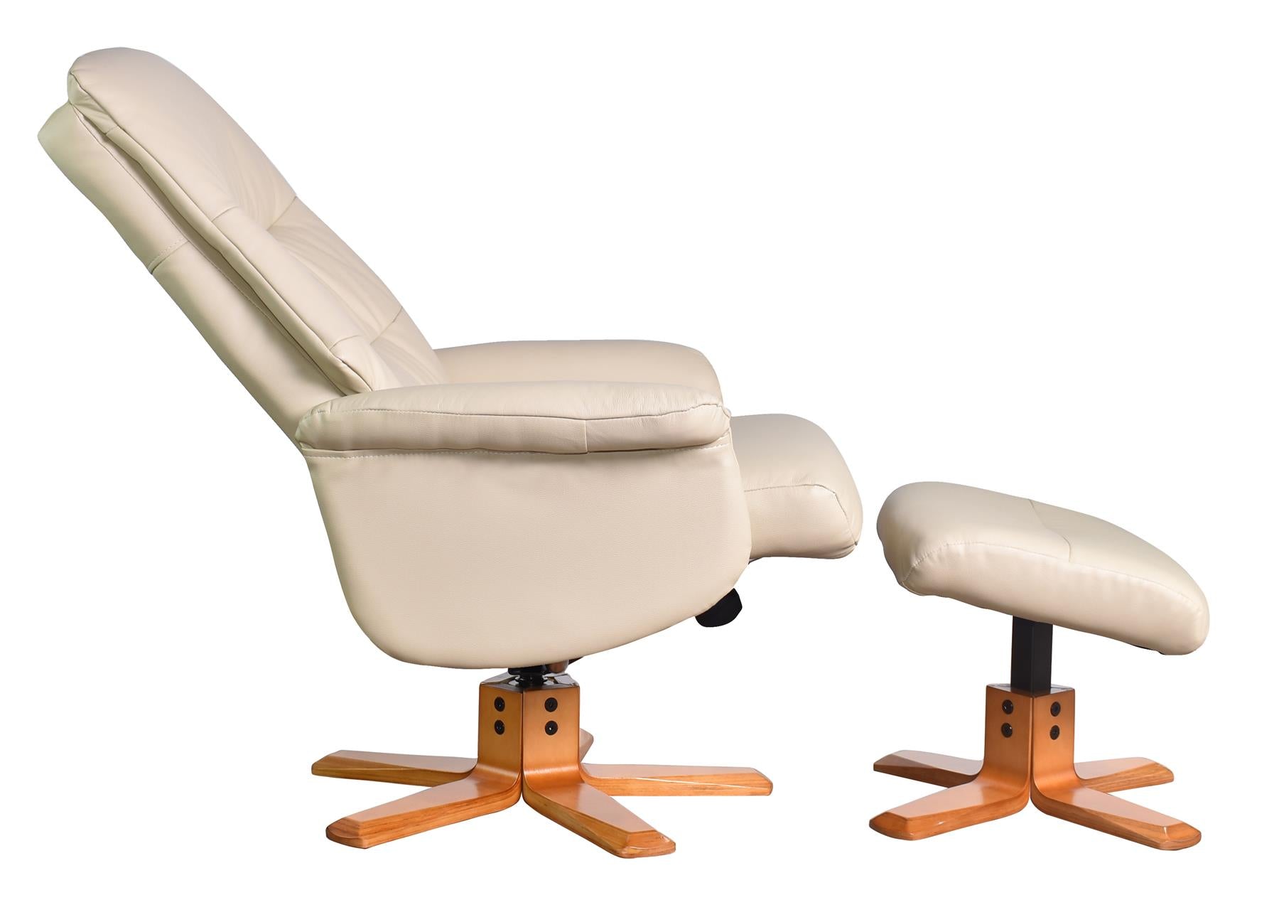 The Kansas Genuine Leather Swivel Recliner Chair in Cream with Cherry Base - Refurbished
