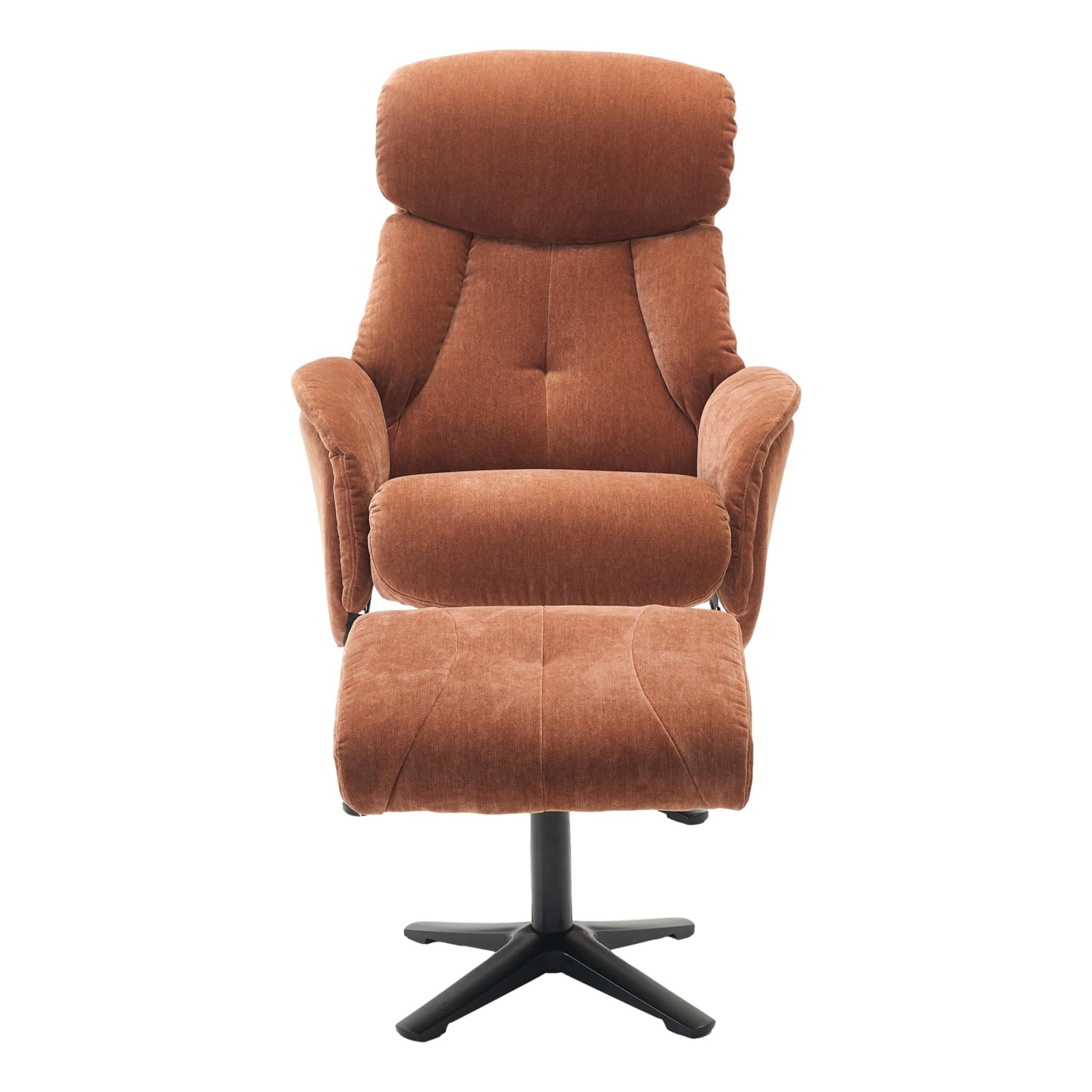The Lucia Swivel Recliner Chair & Footstool in Caramel Brown Fabric