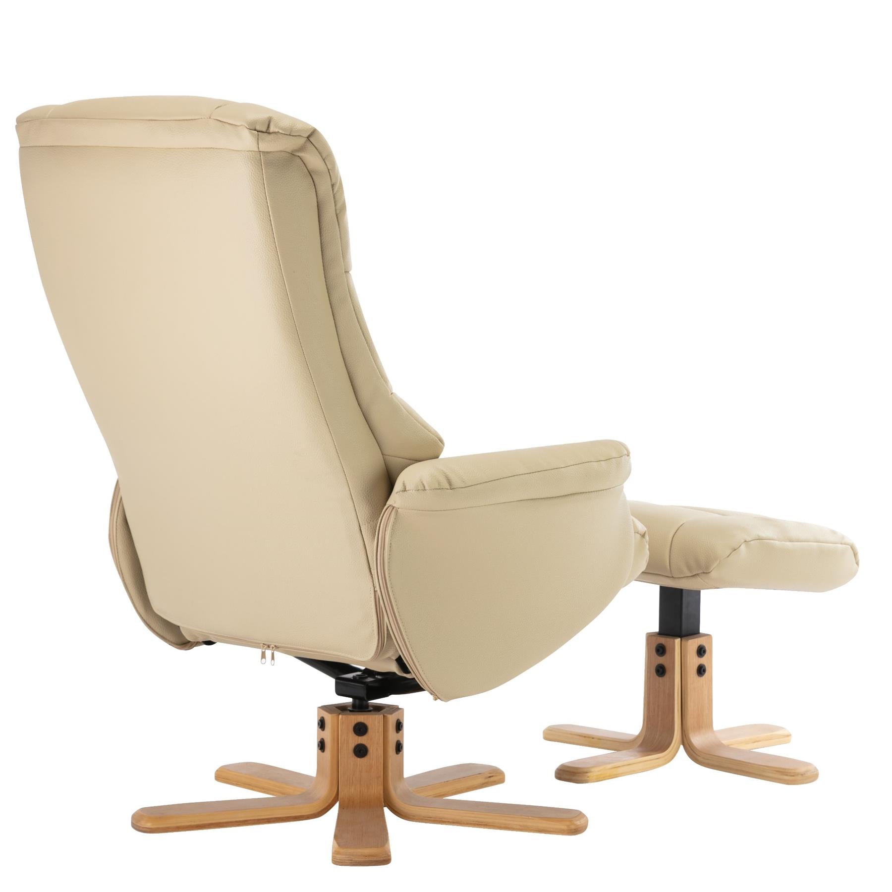 Cairo Swivel Recliner Chair & Footstool in Cream Plush Faux Leather - Clearance