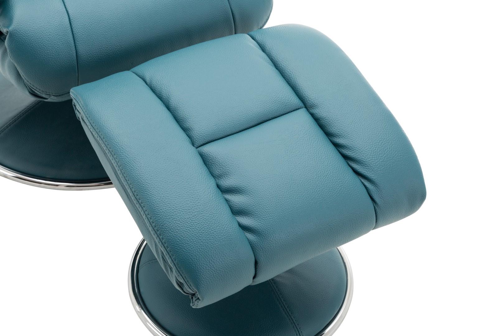 Biarritz Plush Faux Leather Swivel Recliner Chair & Matching Footstool In Lagoon - Refurbished