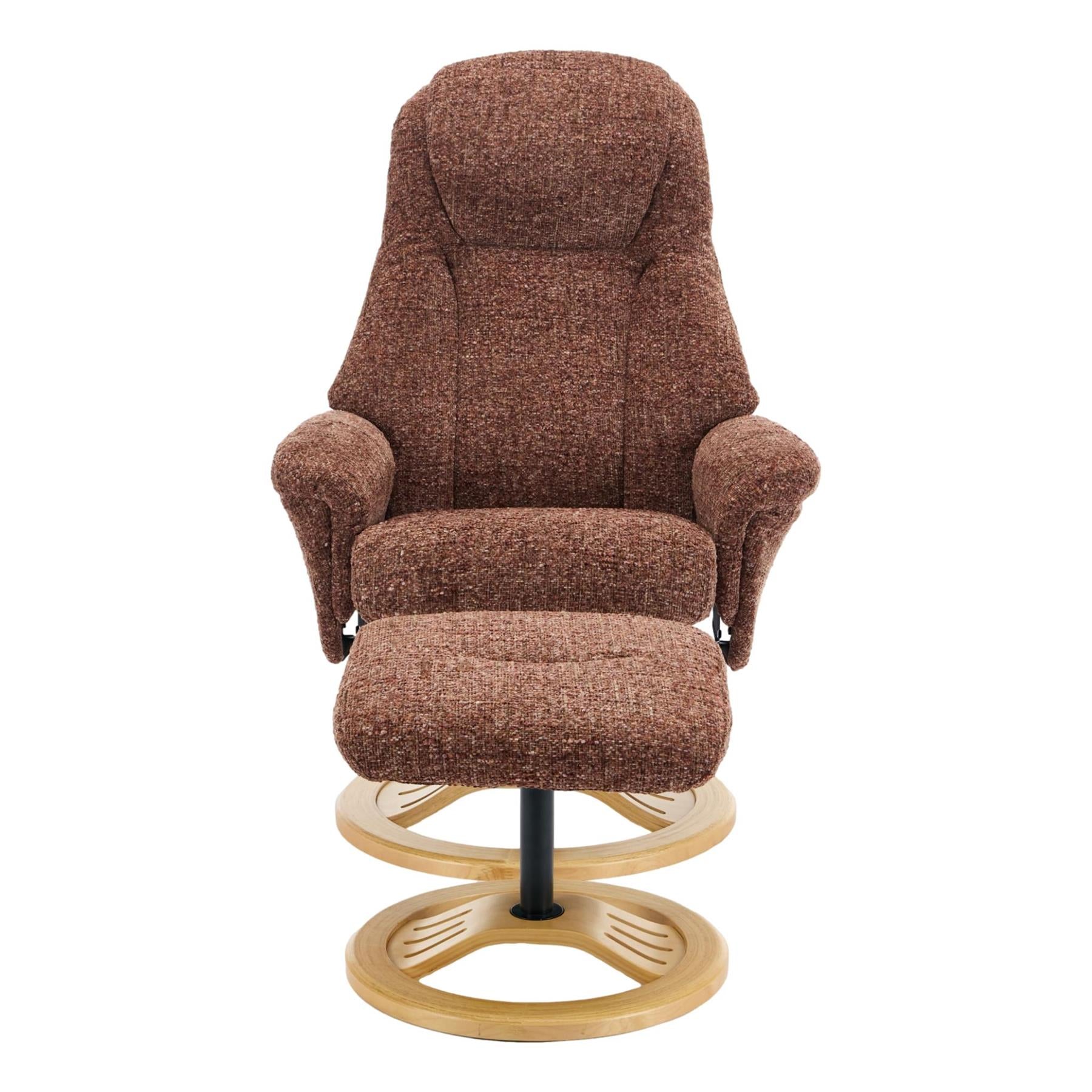Aruba Swivel Recliner Chair in Copperblush Brown Fabric with Matching Footstool