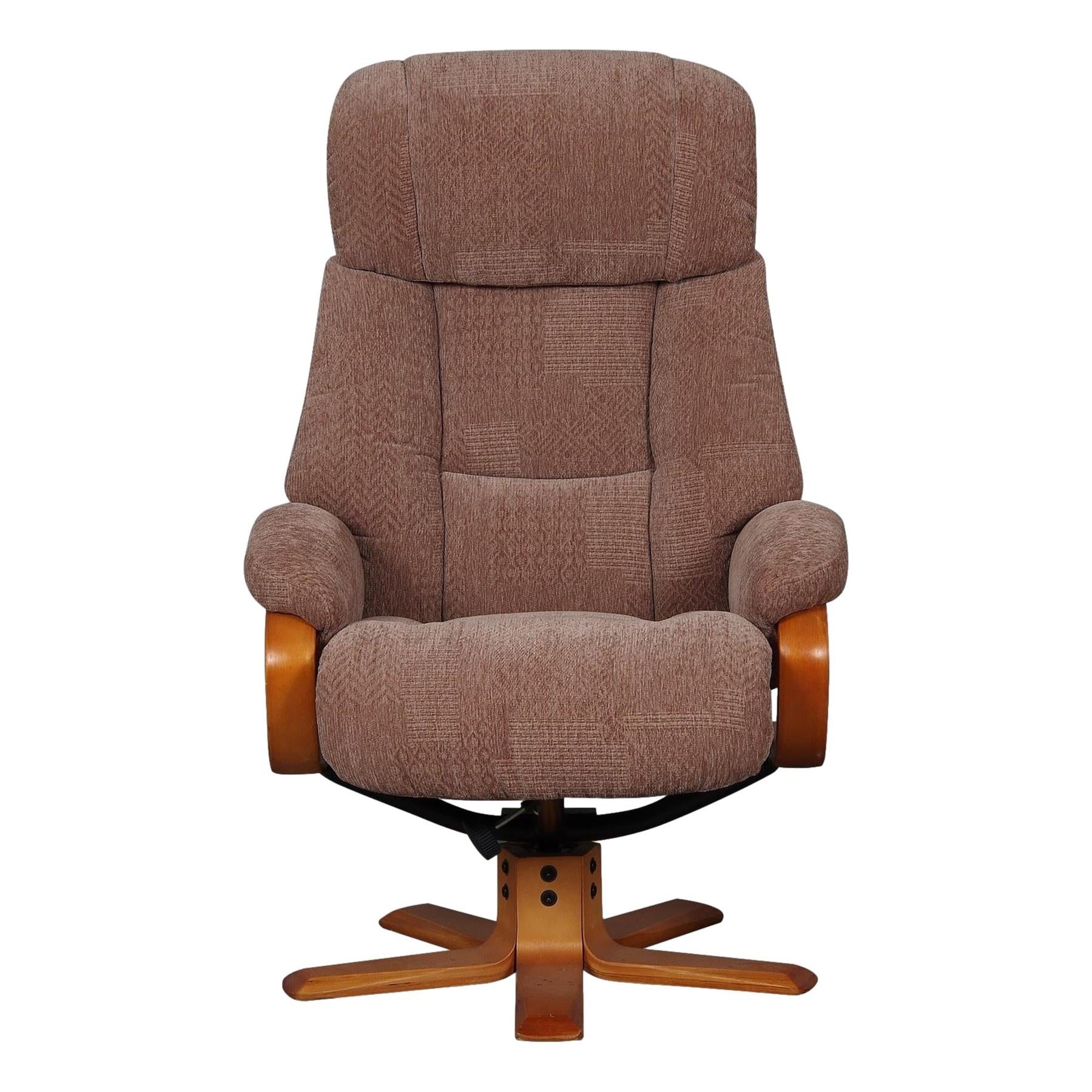 Elegant Fabric Swivel Recliner Chair and Footstool in Fawn/Cherry - Refurbished