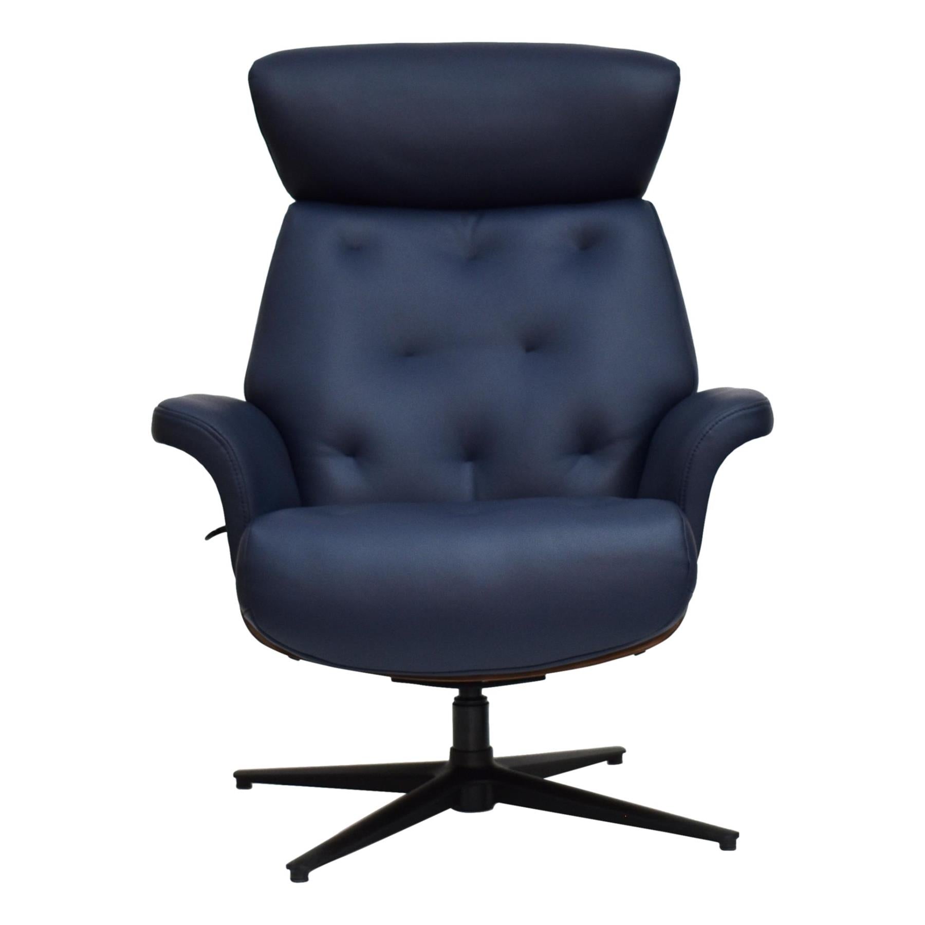 The Nordic - Luxury Premium Swivel Recliner - Walnut & Navy Genuine Leather Chair with Matching Footstool - Refurbished