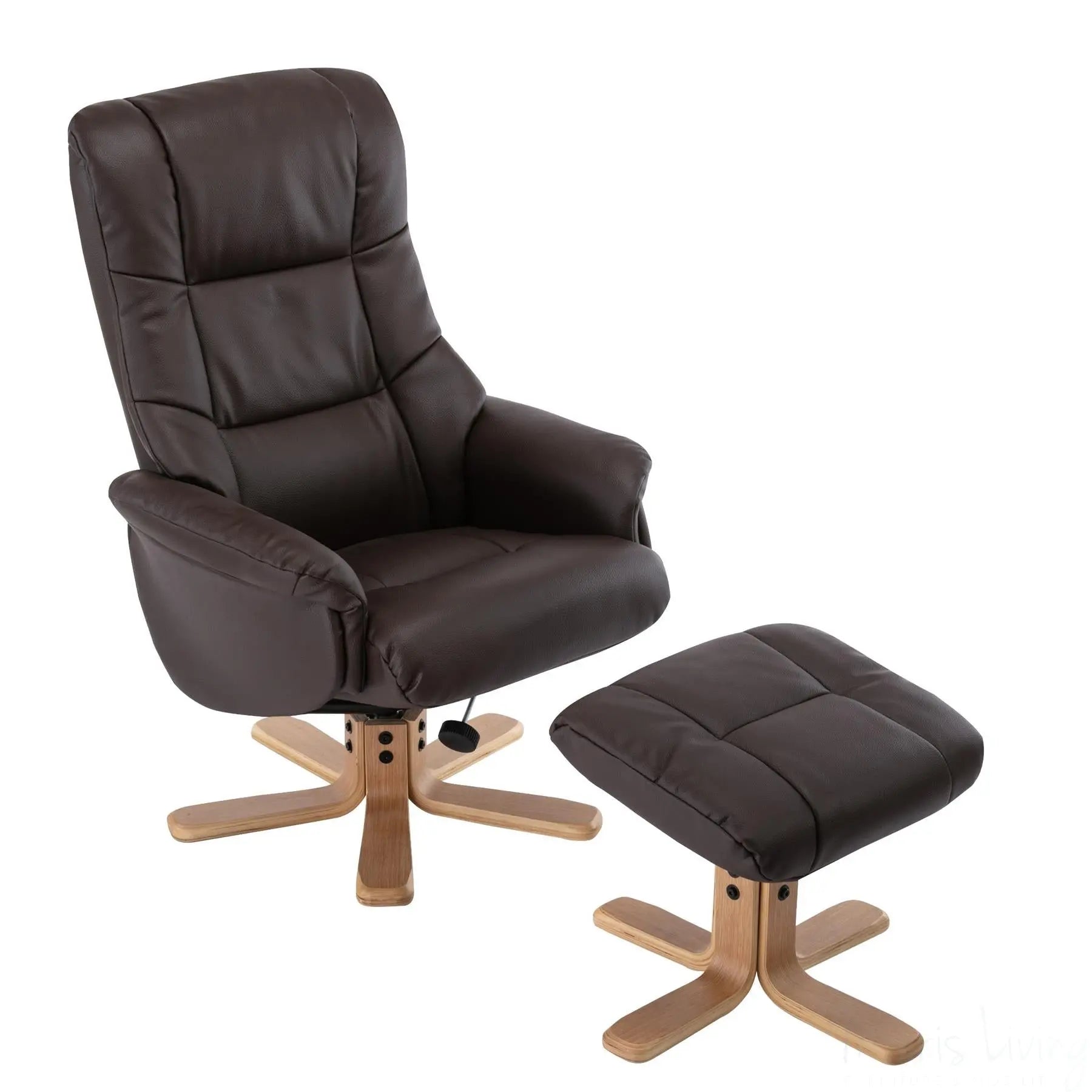 Cairo Swivel Recliner Chair & Footstool in Brown Plush Faux Leather - Refurbished Morris Living