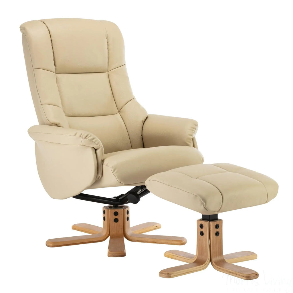 Cairo Swivel Recliner Chair & Footstool in Cream Plush Faux Leather - Clearance Morris Living