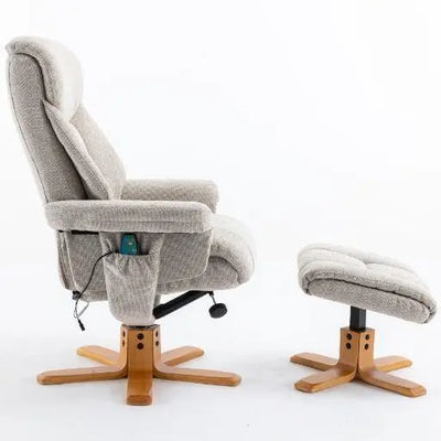 Exmouth Fabric Swivel Recliner Massage Chair & Footstool in Sand Morris Living