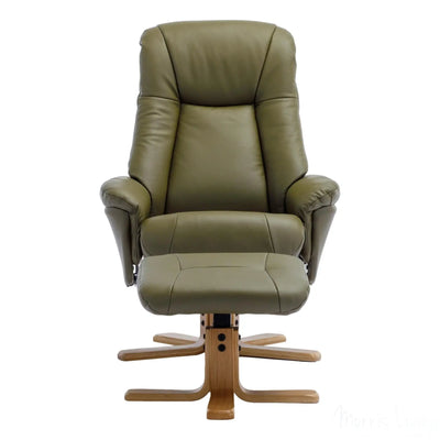 Hawaii Swivel Recliner Chair & Matching Footstool in Olive Green Genuine Leather - Refurbished Morris Living