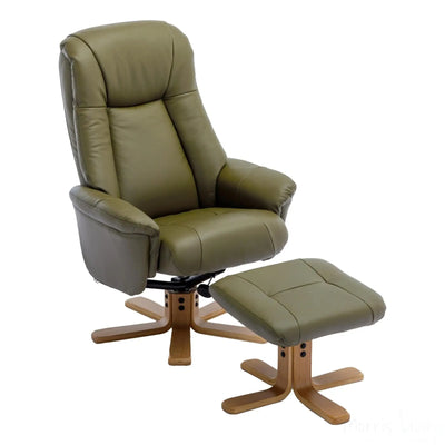 Hawaii Swivel Recliner Chair & Matching Footstool in Olive Green Genuine Leather - Refurbished Morris Living