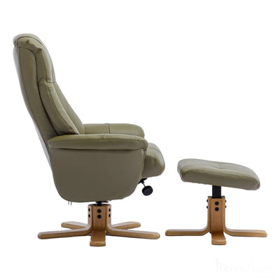 Hawaii Swivel Recliner Chair & Matching Footstool in Olive Green Genuine Leather - Refurbished Morris Living