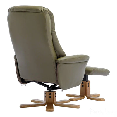 Hawaii Swivel Recliner Chair & Matching Footstool in Olive Green Genuine Leather - Refurbished Morris Living