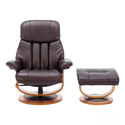 Hereford Genuine Leather Chestnut Brown Swivel Reclining Chair & Footstool - Refurbished Morris Living