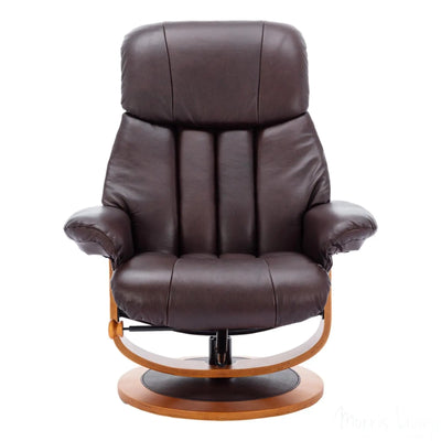 Hereford Genuine Leather Chestnut Brown Swivel Reclining Chair & Footstool - Refurbished Morris Living