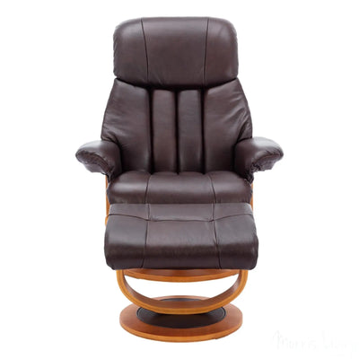 Hereford Genuine Leather Chestnut Brown Swivel Reclining Chair & Footstool - Refurbished Morris Living